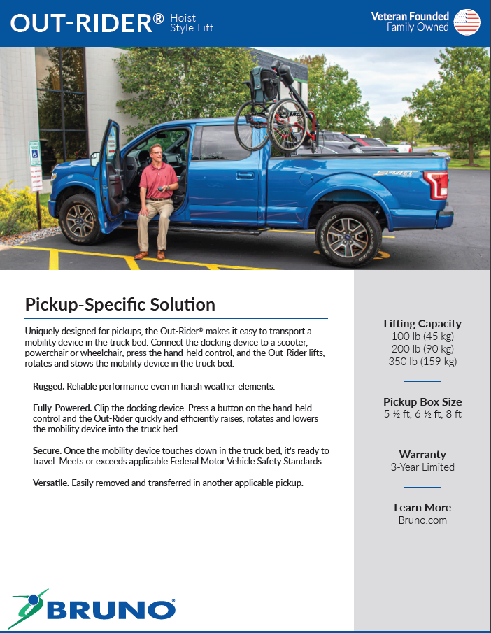Bruno Out-Rider PUL-1100 and PUL-1100HD hoist-style vehicle lift brochure cover