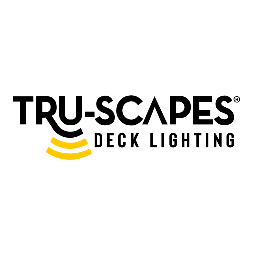 Logo for Tru-Scapes Deck Lighting; black text with stylized yellow light waves below 
