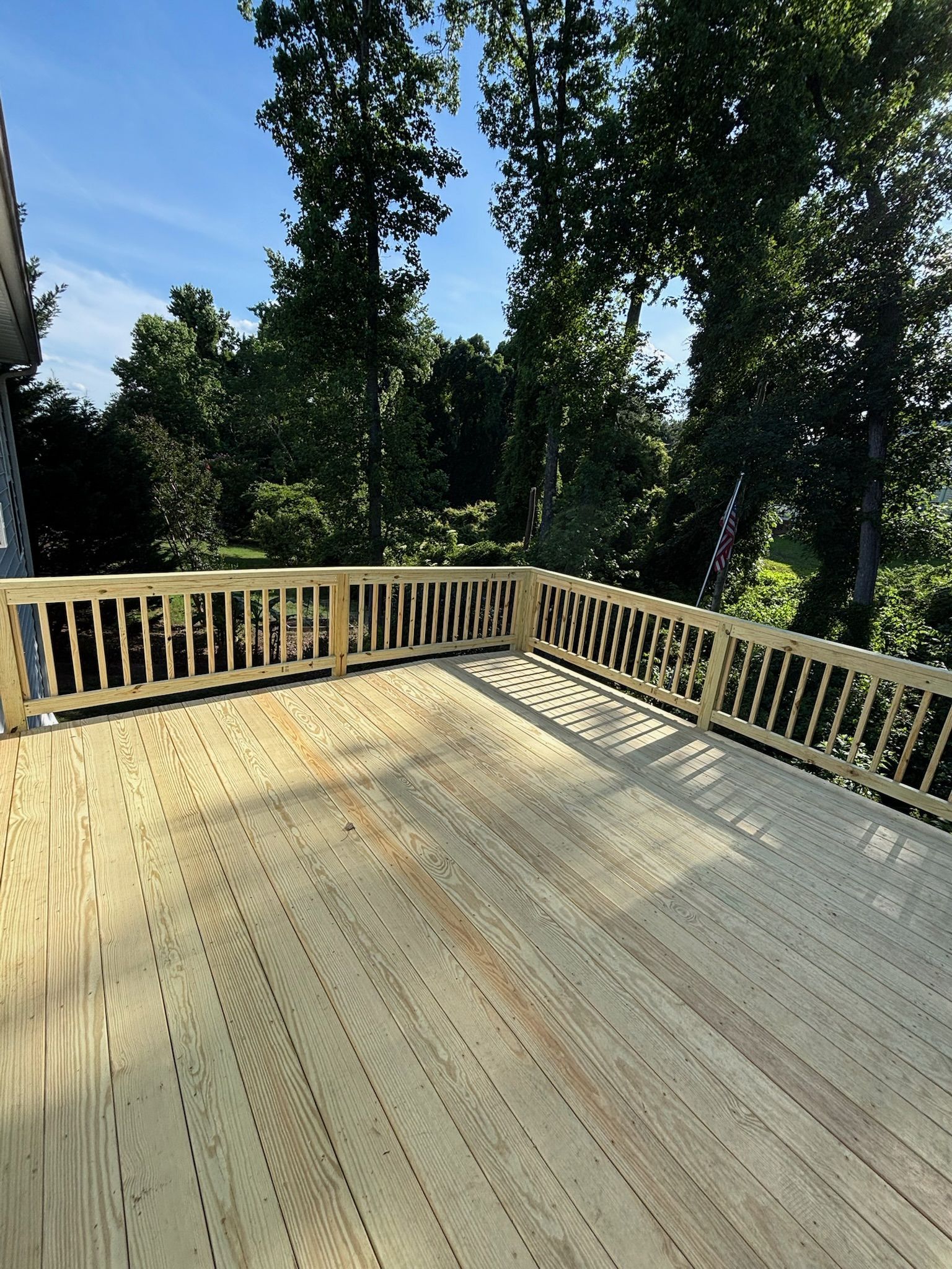 Sunlit wooden deck with railing, overlooking tall trees and blue sky