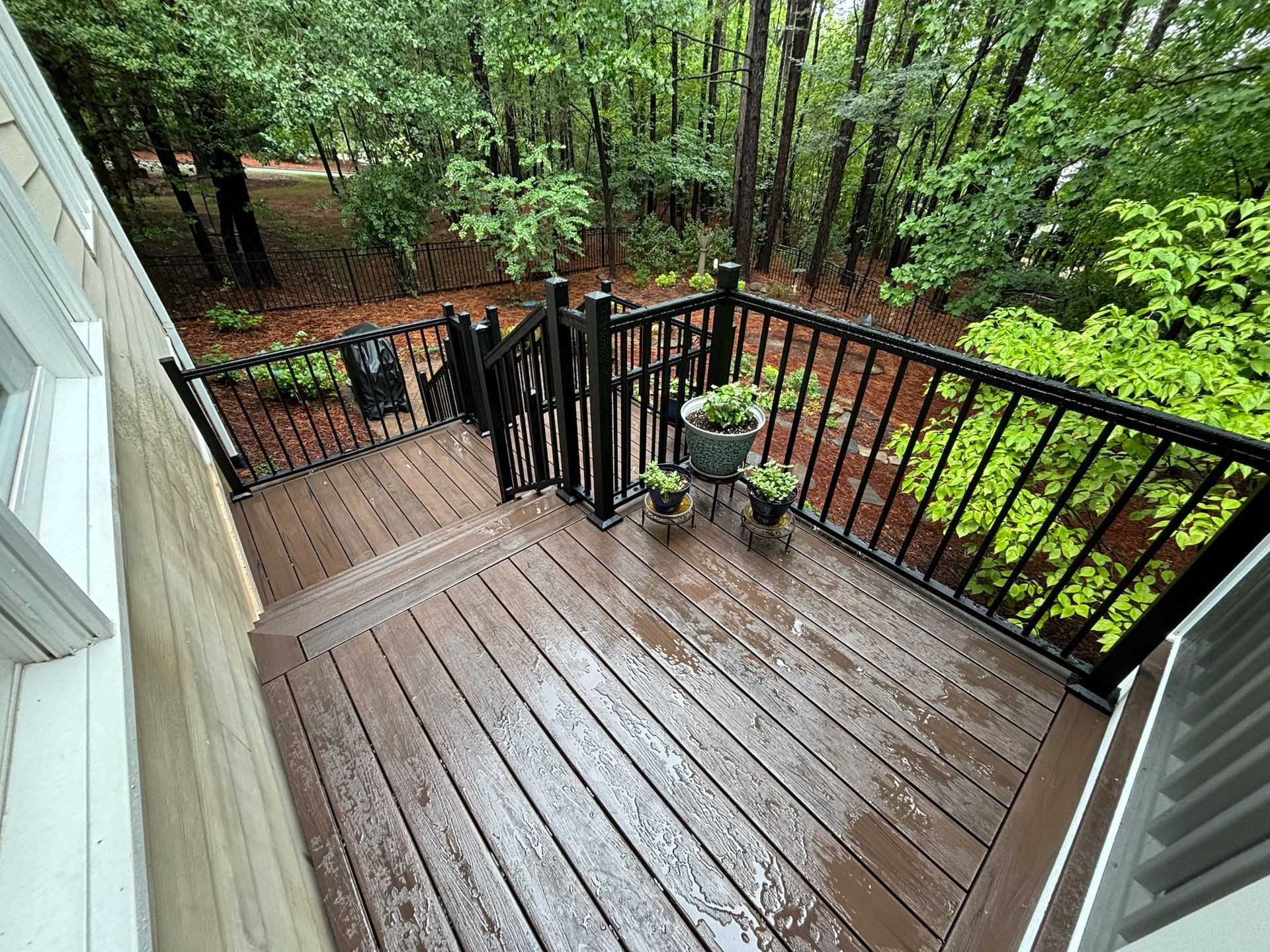 Rainy wooden deck with black railing, potted plant, and stairs overlooking a wooded backyard