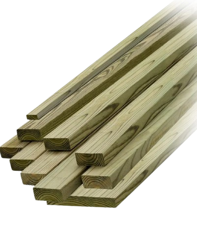 Pile of treated lumber, varying lengths, green-gray color, stacked on edge, outdoors, possibly construction material.