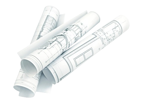 Rolled-up architectural blueprints on a white surface, showing detailed building plans.
