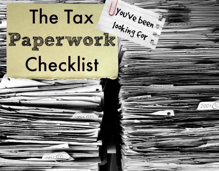 Pile of tax paperwork with a checklist title and a note: