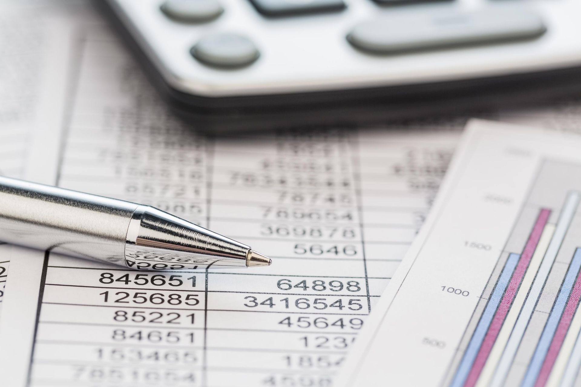 Pen on financial documents with calculator and bar graph.