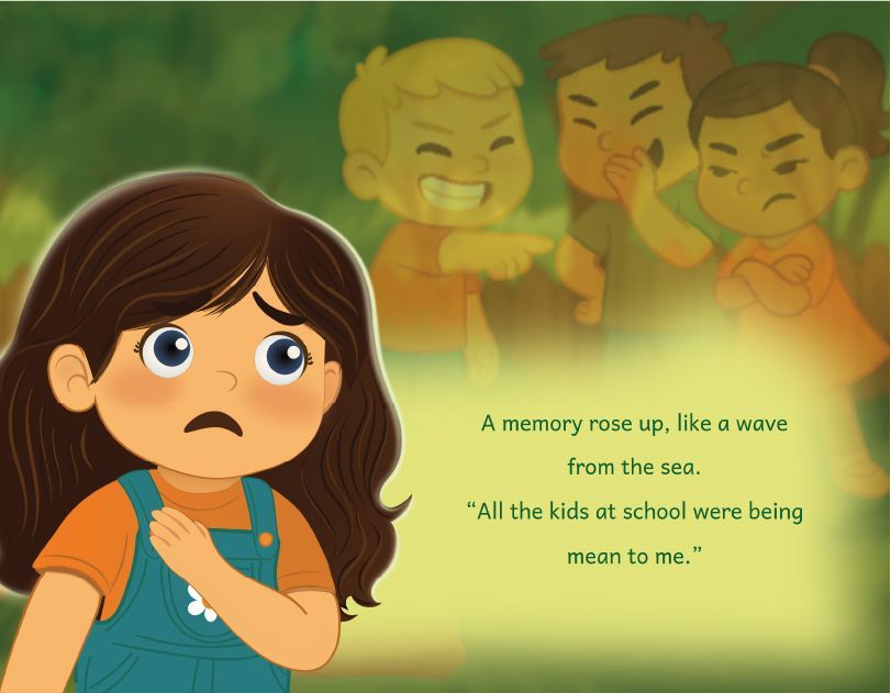 Upset child in front of blurred laughing classmates with text about school being mean to me