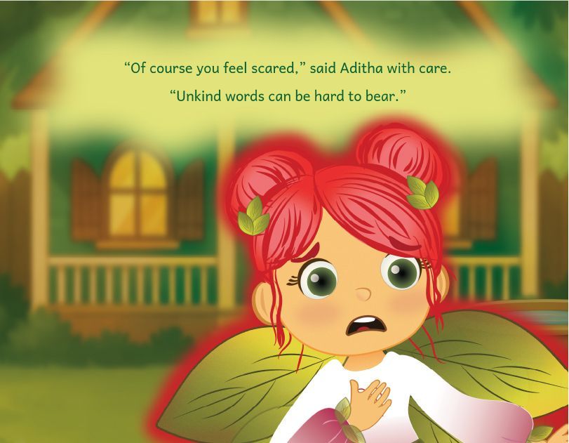 Cartoon fairy with red hair and green wings looking worried in front of a house, with quote text above.