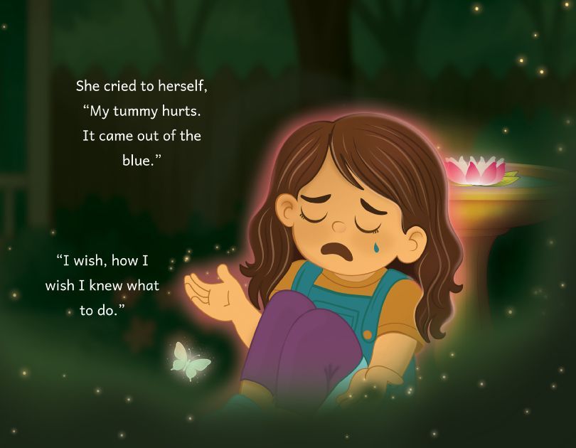 Sad child in teal dress crying in a dark forest, with glowing butterfly and text about hurting and feeling lost