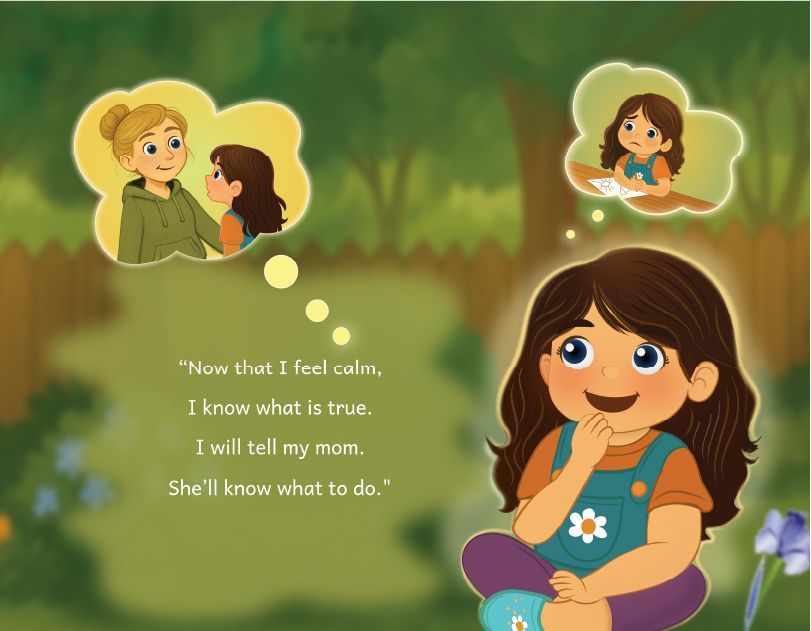 Girl smiling in a garden, thinking of two friends and reading text about feeling calm and not wanting to fight.