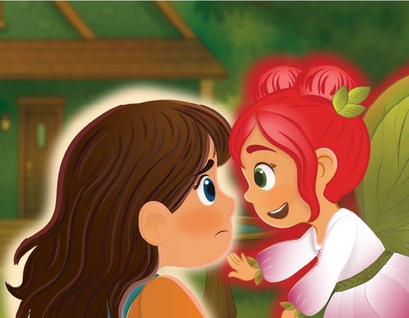 Two children face each other smiling outside a house, one with red hair and a white dress