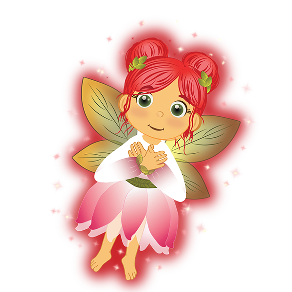Aditha the Energy Fairy with red hair and a pink flower dress, glowing with red light. She has hands clasped and is smiling.