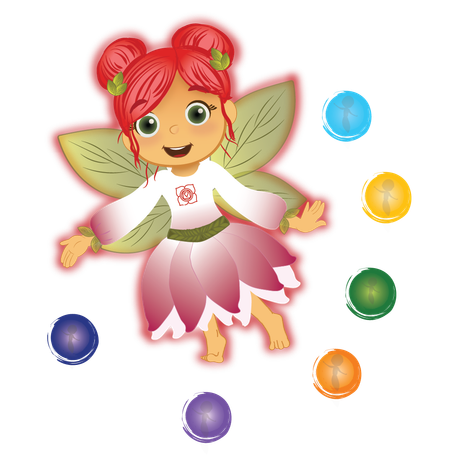 Satori Kid Club's Aditha the Energy Fairy with red hair and flower skirt, surrounded by six of her colorful Energy Friends.