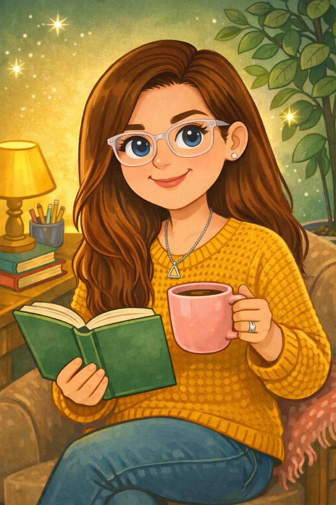 Angela Thibault Creator of Satori Kid CLub Holding a Mug that read Enjoy Every Moment in front of her laptop with the book Myla Learns Wings Over My Heart In front of her