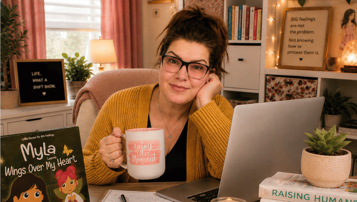 Angela Thibault Creator of Satori Kid CLub Holding a Mug that read Enjoy Every Moment in front of her laptop with the book Myla Learns Wings Over My Heart In front of her