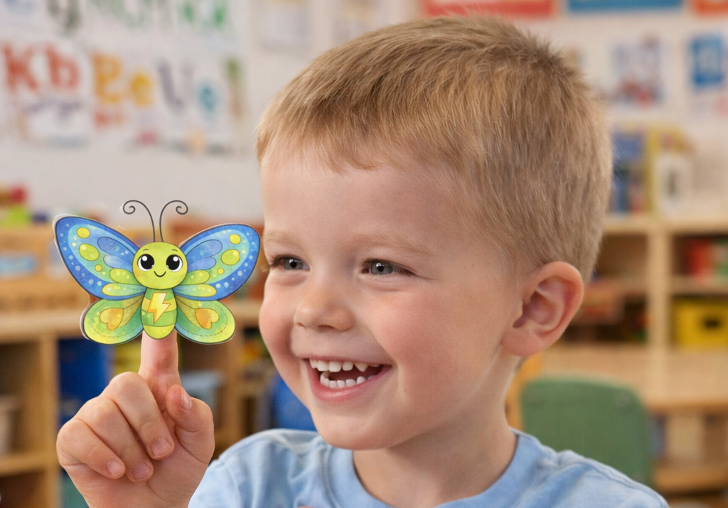 Smiling child holding a colorful butterfly craft in a classroom
