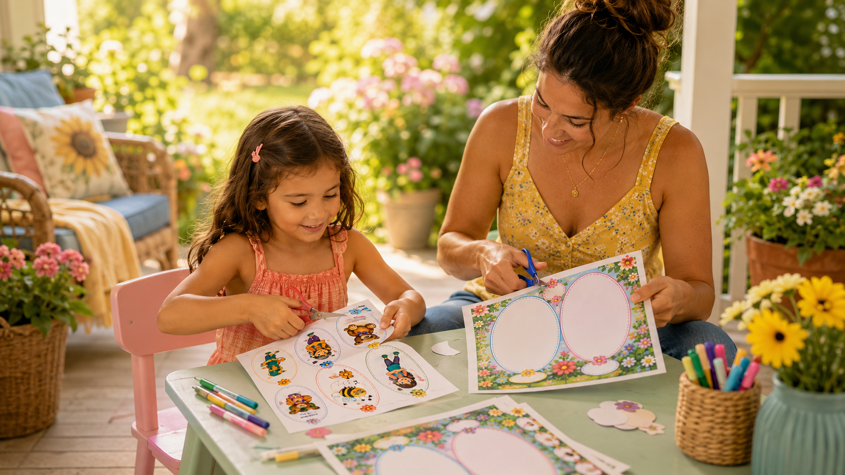 Creating Space to Process Emotions This Summer-
Woman and child crafting colorful cards at a sunlit garden table - Satori Kid Club
