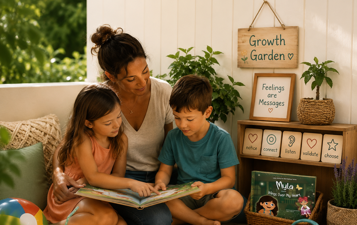 Woman and two children reflection in their Growth Garden together