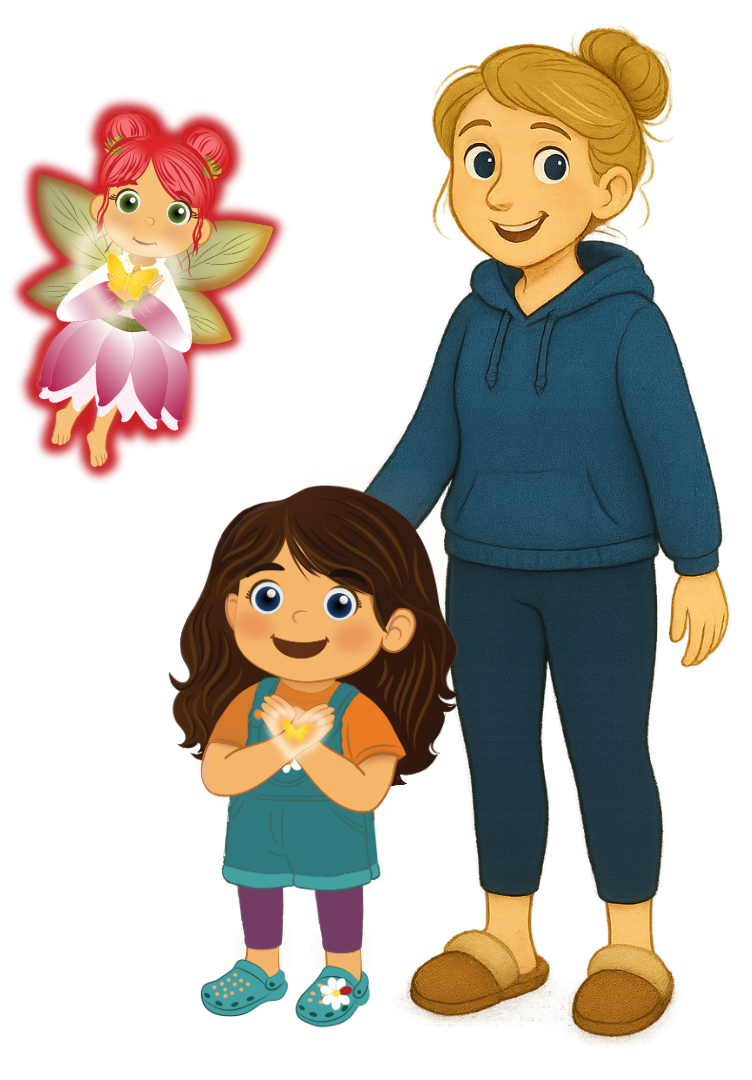 Holly and Myla beside a small pink fairy named Aditha, all smiling on a white background from Satori Kid Club