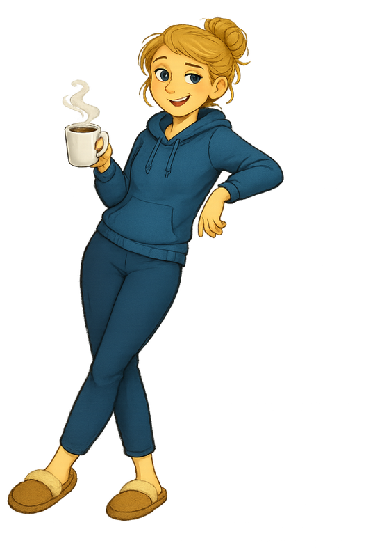 Cartoon mother, Holly in a blue hoodie and pants, smiling and holding a steaming mug. Satori Kid Club