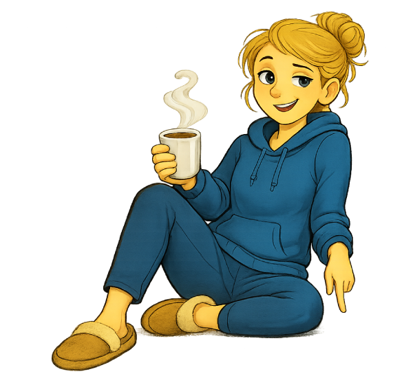 Cartoon mother, Holly in a blue hoodie and pants, smiling and holding a steaming mug. Satori Kid Club