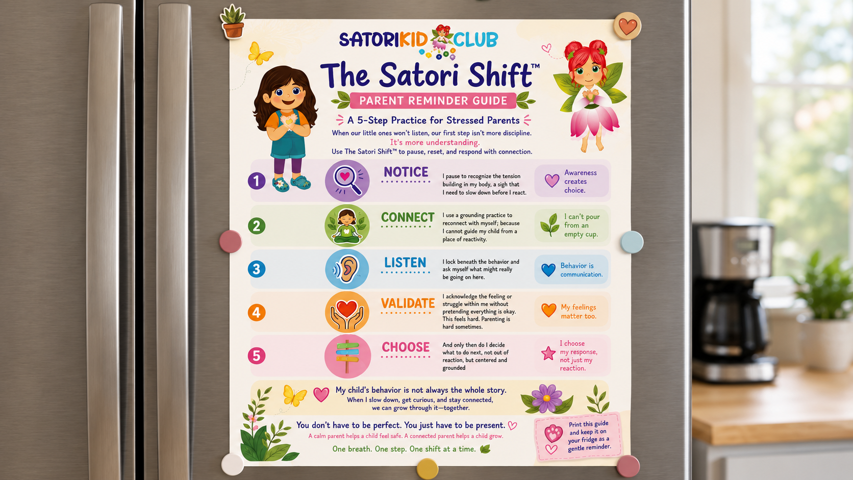 Colorful “The Satori Shift” classroom poster with cartoon icons and a kitchen counter in the background