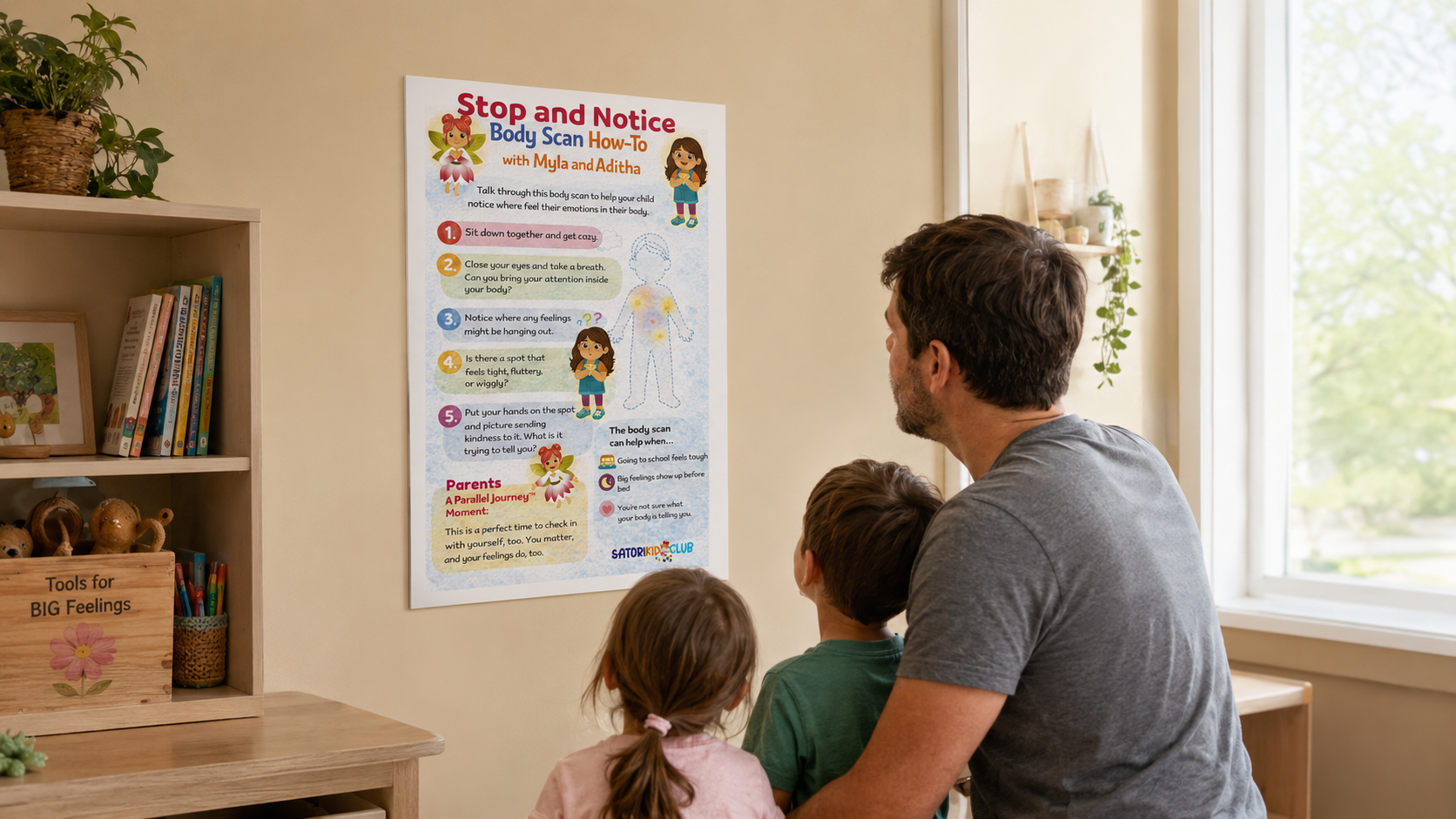 Dad and children viewing a colorful “Satori Kid Club Stop and Notice: Body Scan” conservation poster in a bright play room. 