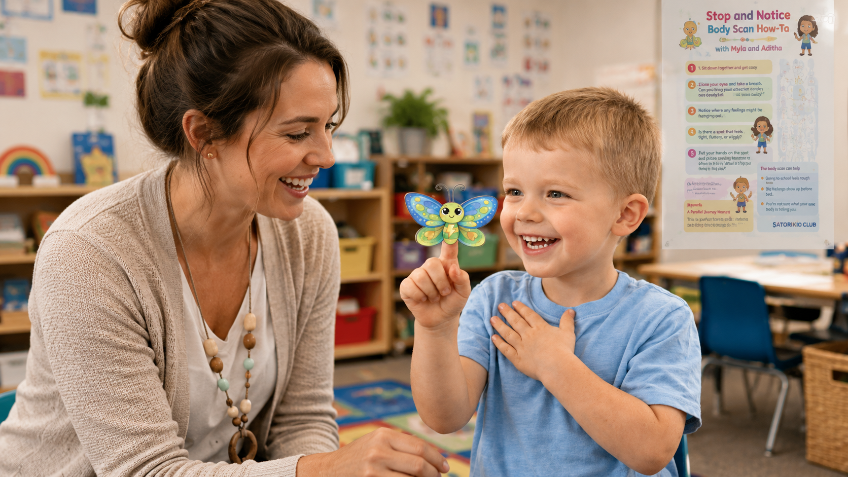 A teacher and little boy use the craft Butterfly finger Puppet to help try Wongs Over My Heart Regulation Technique