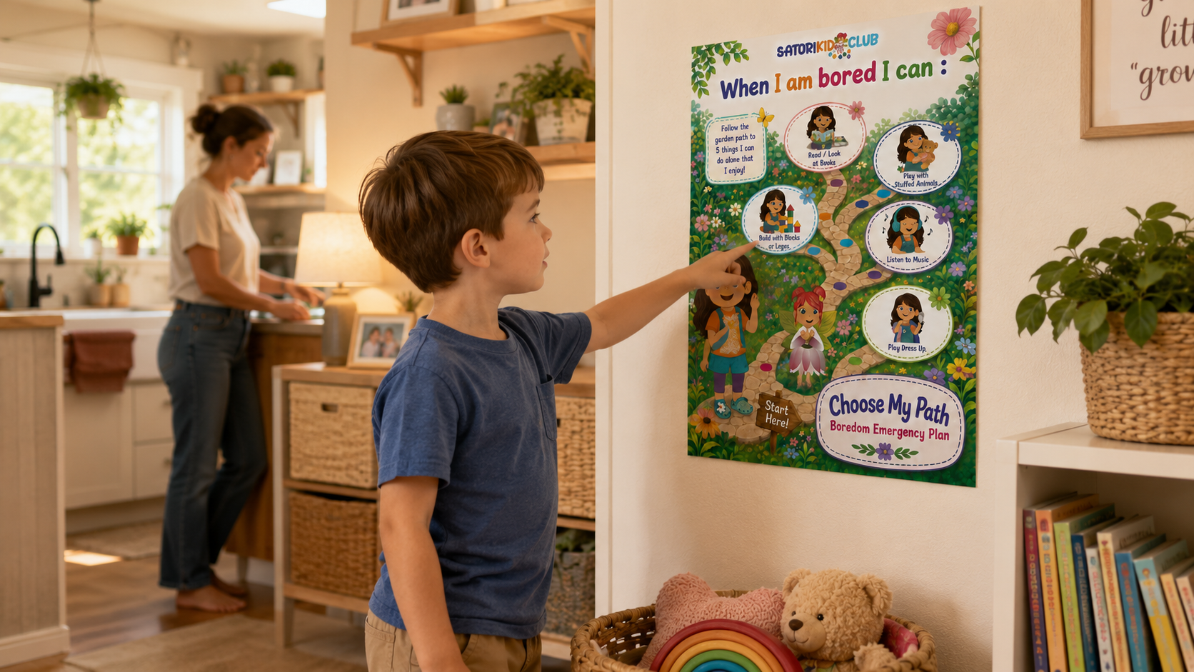 Son pointing at a Choose My Path™ Boredom Emergency Plan Poster home learning space while Mom cooks nearby