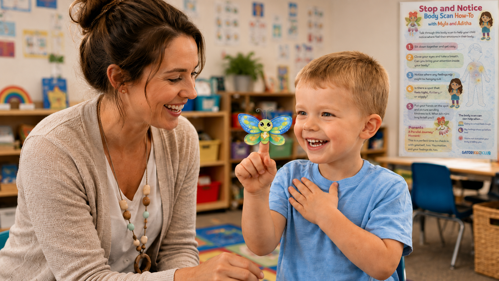 Teacher and child smiling in a classroom, the child holding a colorful butterfly finger puppet craft from Satori Kid Club.