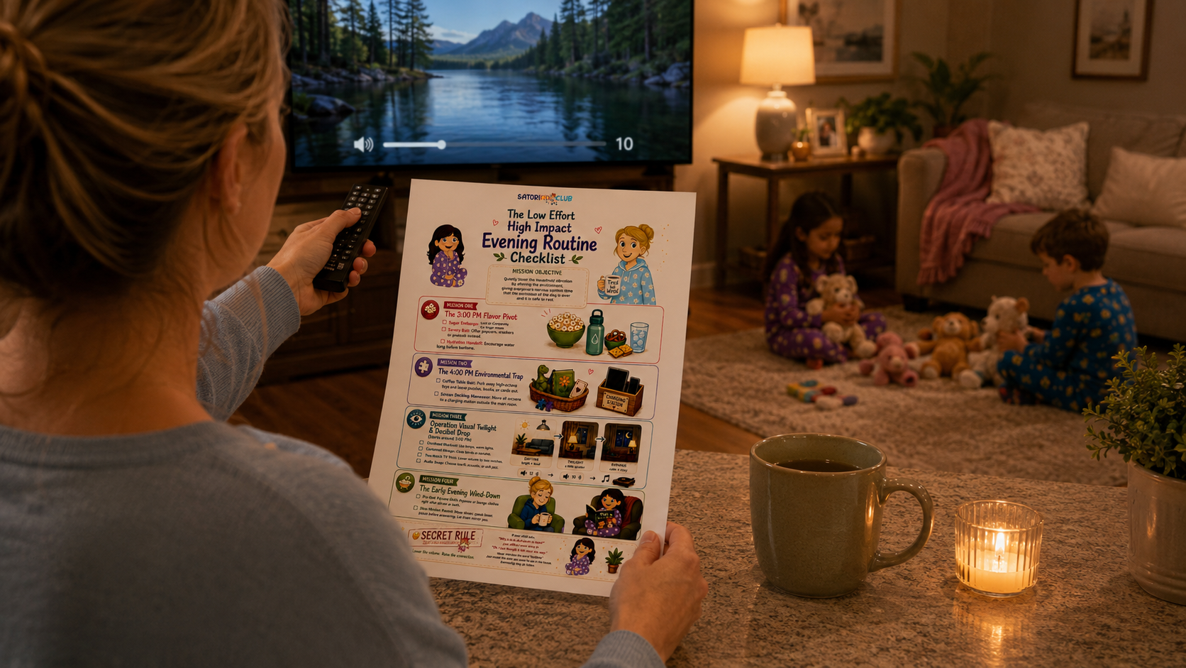 Person holds a children's activity sheet while two kids play in a cozy living room at dusk. Satori Kid Club