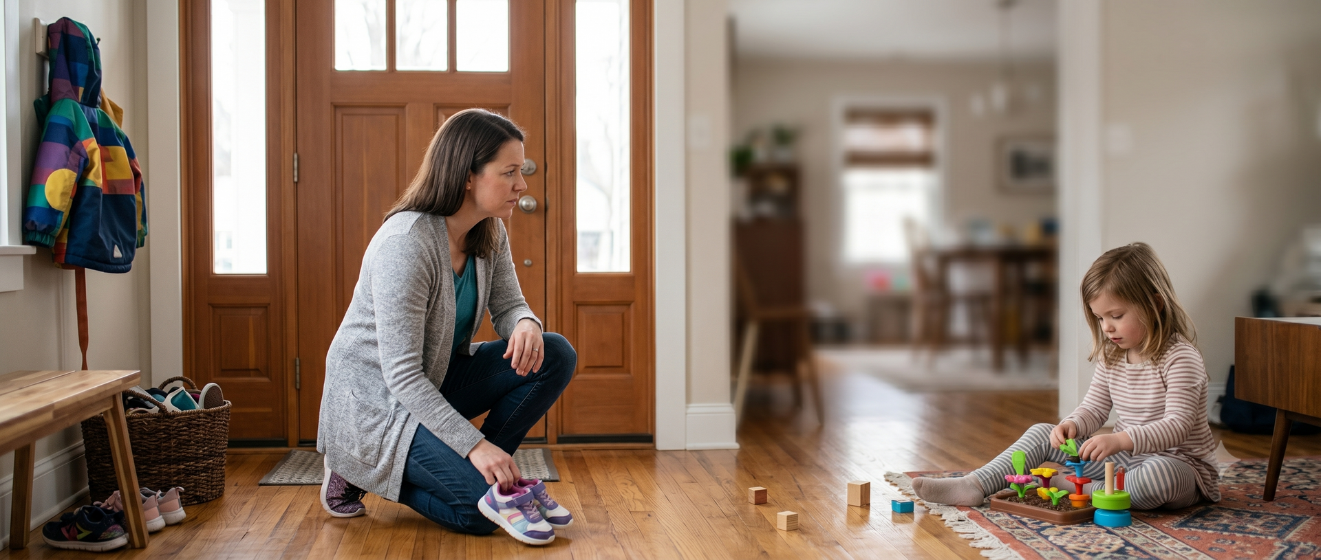 Woman kneeling and talking to a child playing with toys in a sunlit home hallway Satori Kid Club