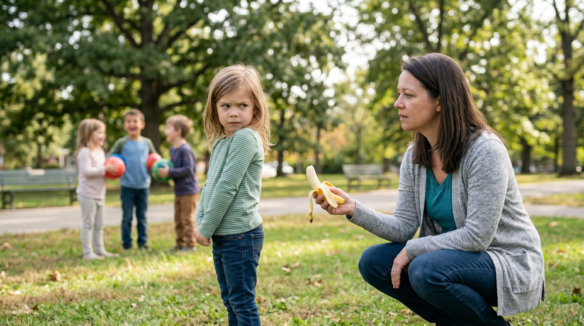 Woman kneeling on grass offers a banana to a child outdoors while other children play behind them Satori Kid Club