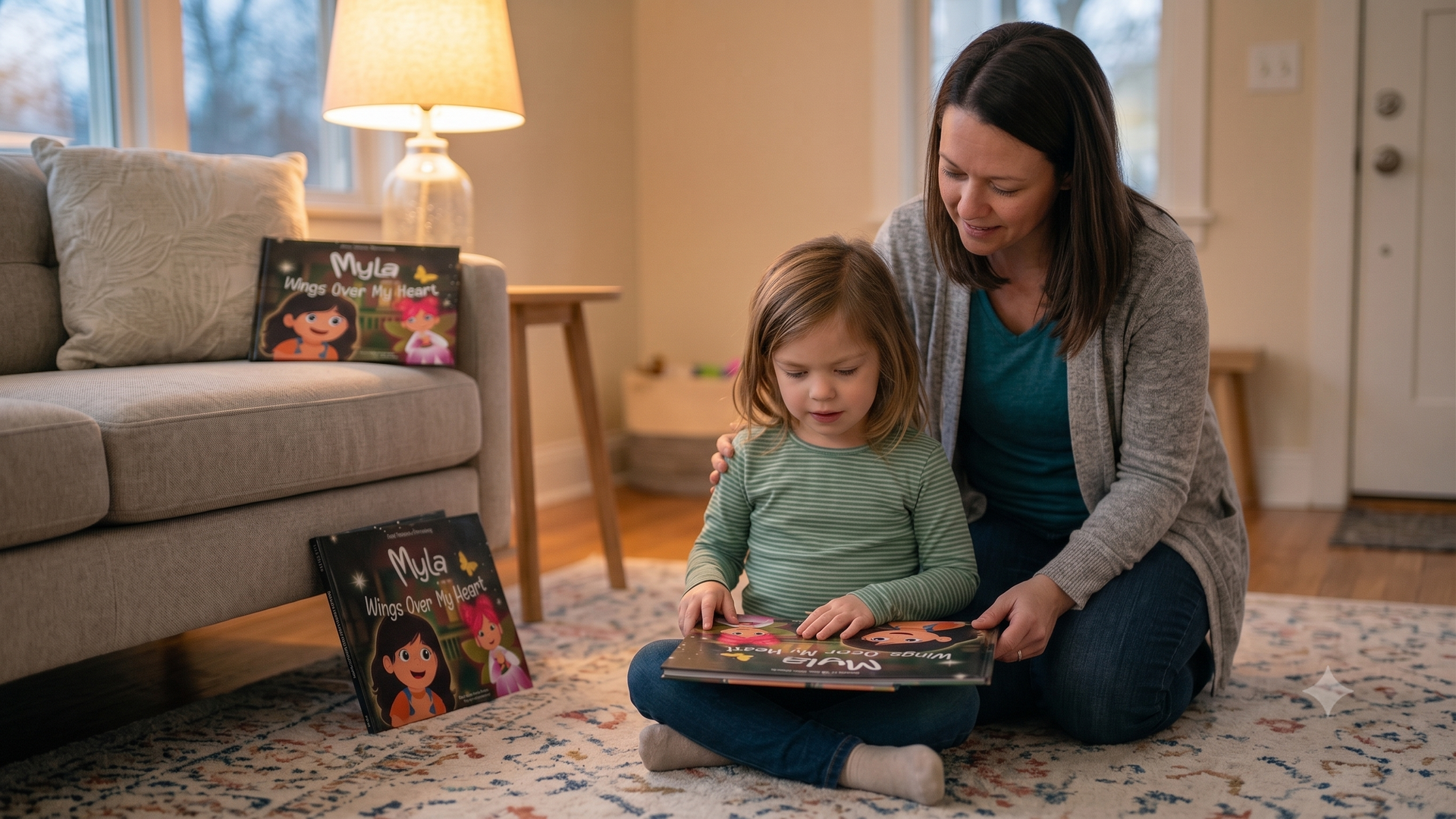 Woman and child sitting on a rug, reading a Myla Learns Wings Over My Heart in a cozy living room by a lamp. Satori Kid Club