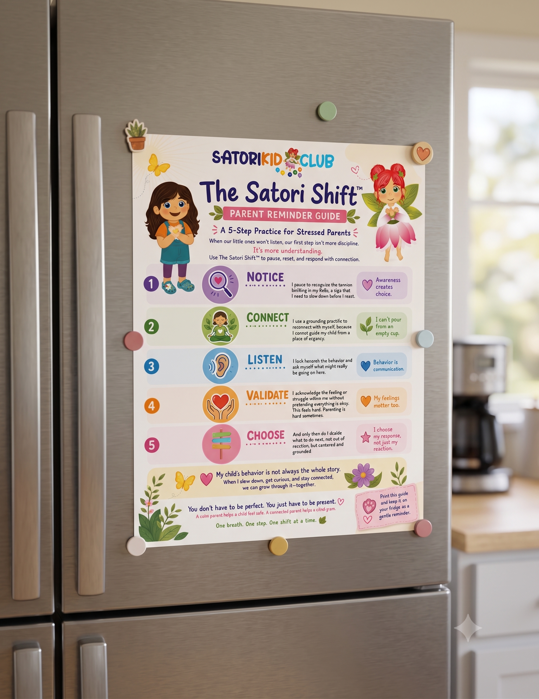 Colorful chore chart titled “The Satori Shift” posted on a stainless steel refrigerator in a kitchen. Satori Kid Club
