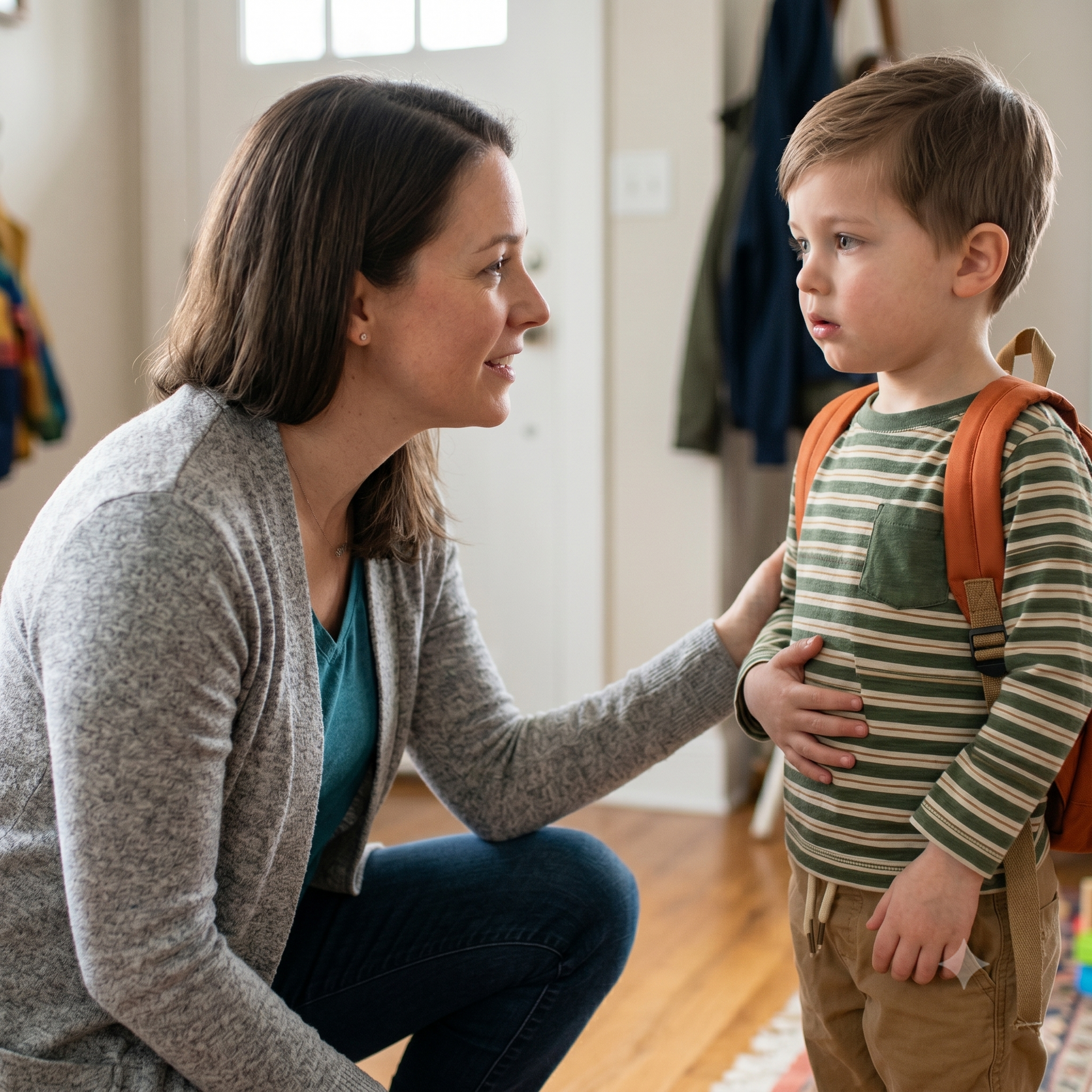 Mother practicing conscious parenting connection with a 5 year old child who won't listen.