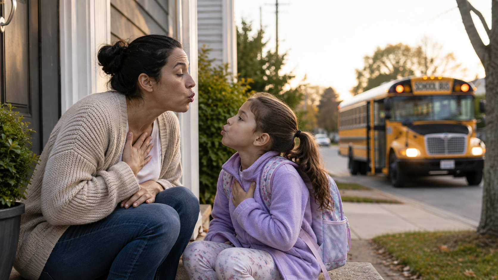 Woman and child sit on a sidewalk practicing as a yellow school bus arrives in the background.