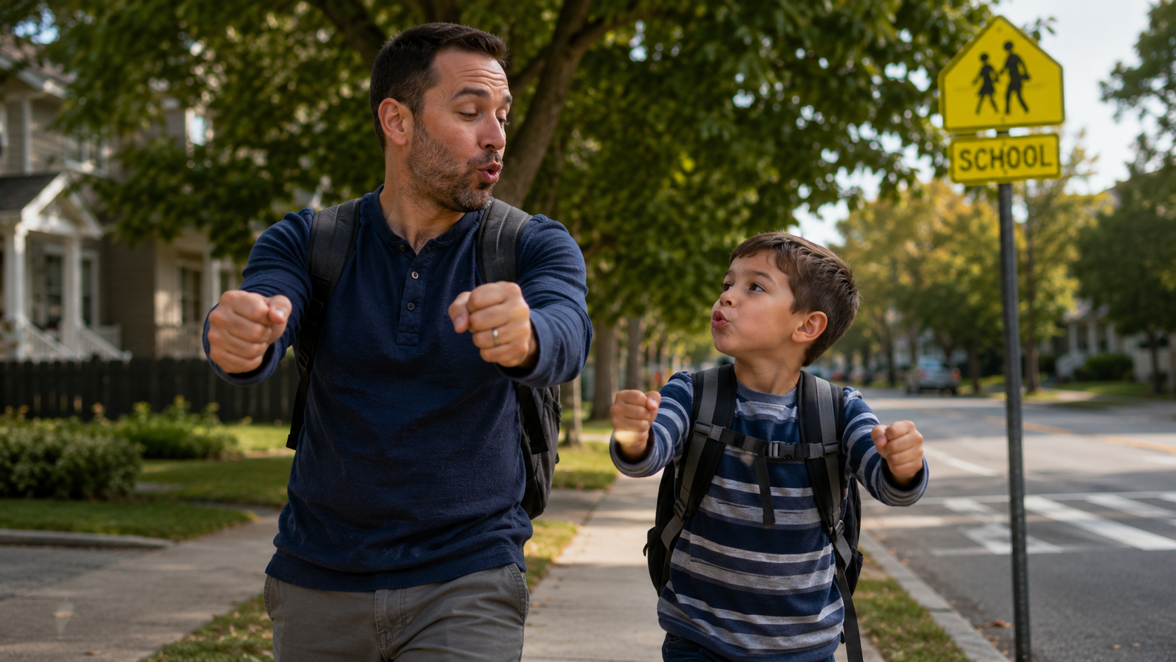 Father and son walking by a school crossing sign, both carrying backpacks and practicing the breathing technique School Bus Tires on a neighborhood sidewalk