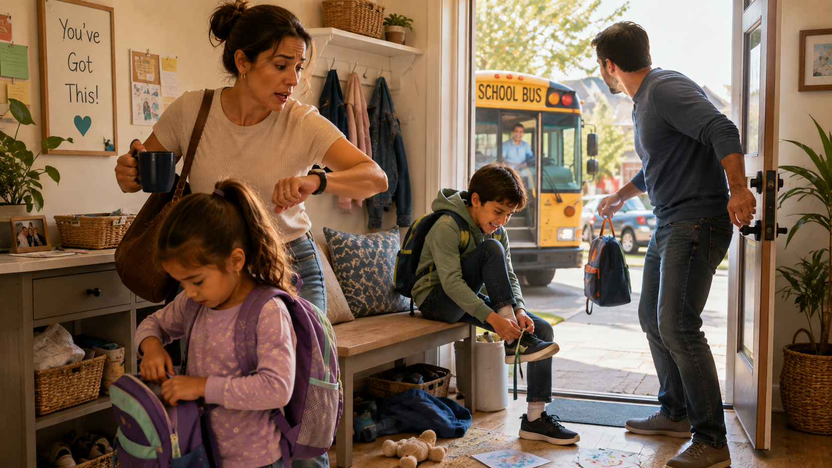 Family in a cozy entryway, with adults helping children put on shoes near the open front door late for school