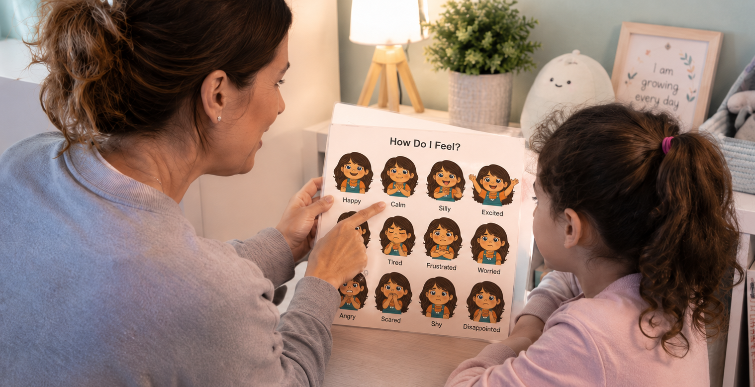 Woman and child sit together, looking at a children’s book with animal illustrations in a cozy room.