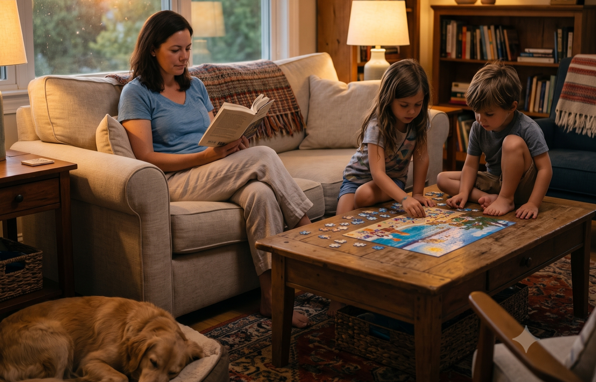 Woman reading on a couch while two children play a board game at a coffee table with a dog nearby.