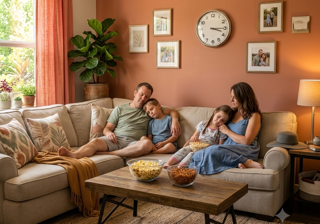 Family relaxing on a beige sectional in a warm living room, with a child in the middle and wall clock above.