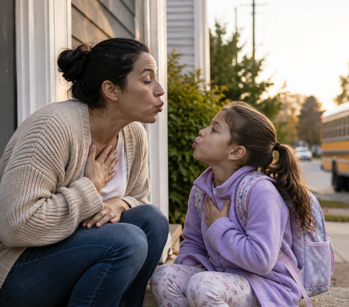 Woman crouches on a porch, Practicing School Bus Tires breathing technique with a child wearing a purple backpack at sunset.