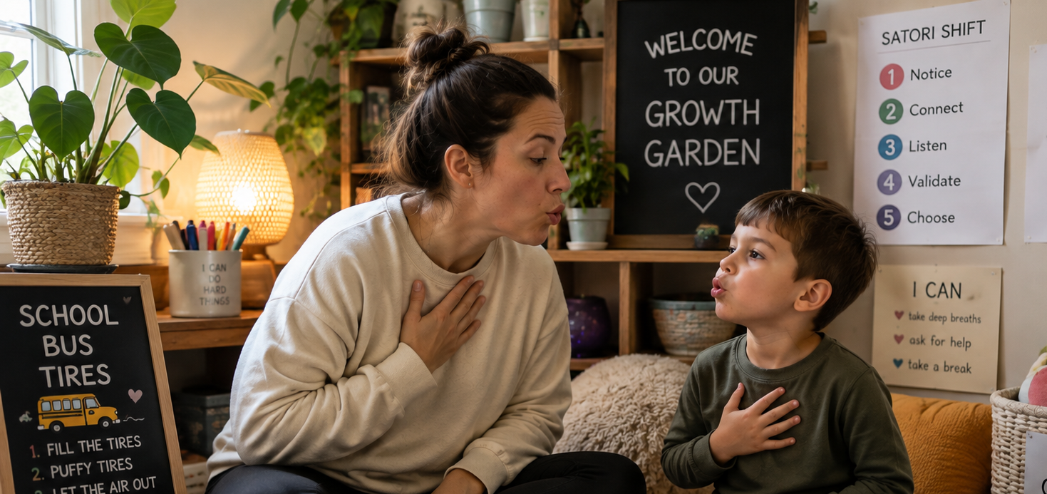 Woman and child talking in a cozy classroom garden corner with chalkboard signs and potted plants.