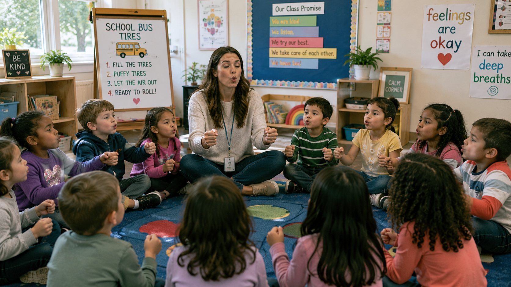 Teacher leading a circle time with young children seated on a classroom rug with posters behind them