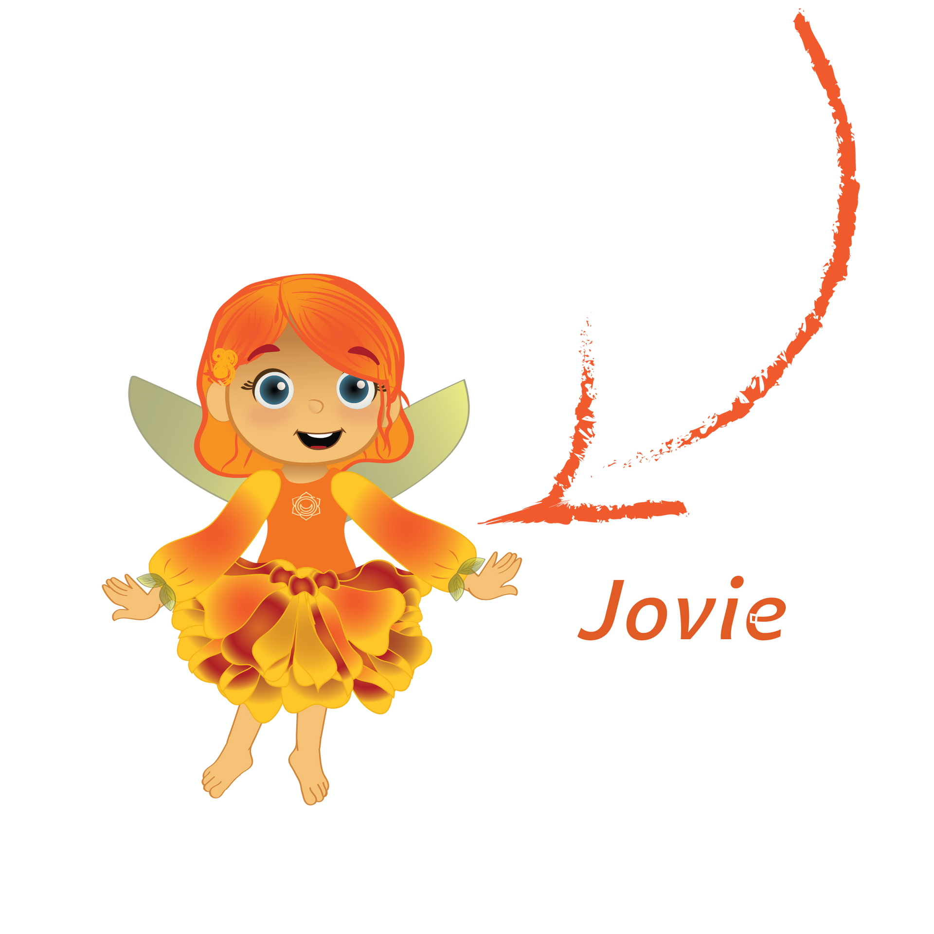 Orange fairy character named Jovie with wings and a smiling face, on a white background.