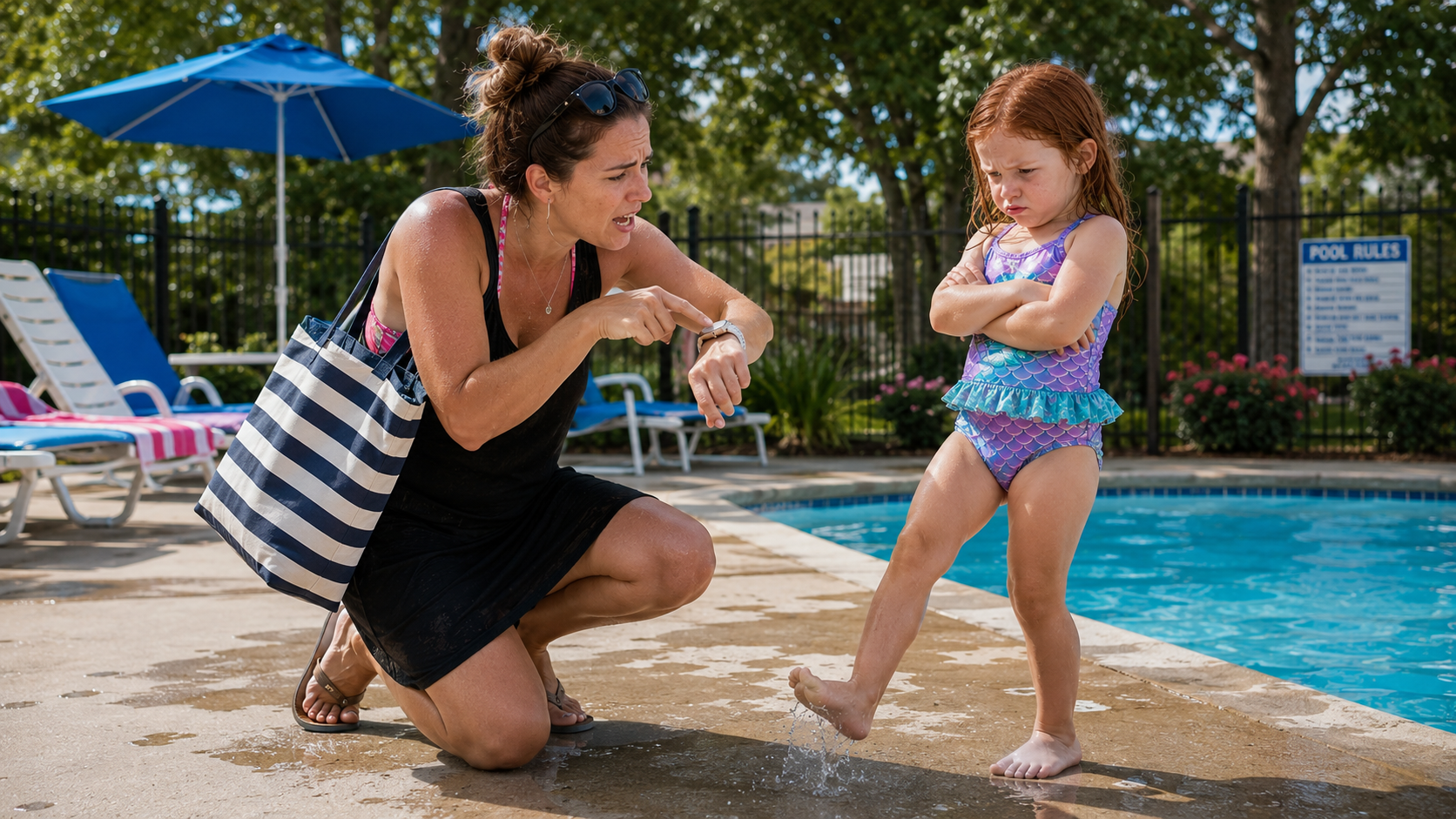 Woman kneels by a pool, pointing at her watch, a small child in a swimsuit who stands nearby crossing her arms angrily.