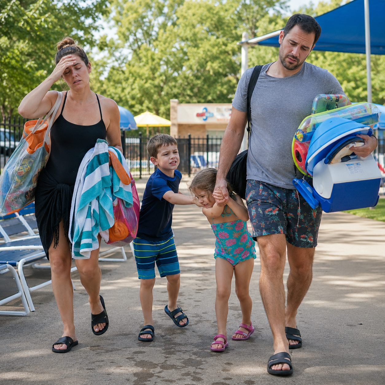 Family walking outdoors near a pool, carrying towels, beach toys, and a cooler.