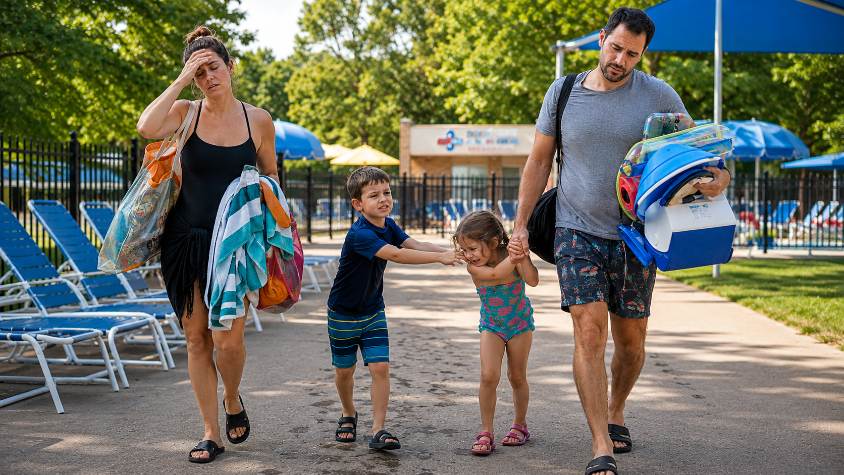 Family walking on a sunny pool deck with towels and flotation gear, carrying a child’s pool float and a cooler Satori Kid Club