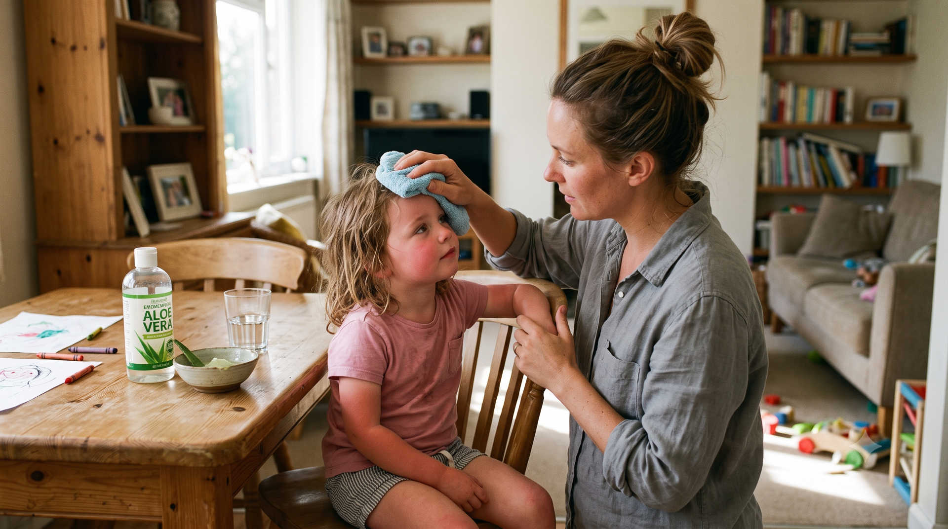 Woman wipes a child’s forehead with a cloth at a kitchen table in a cozy home. Satori Kid CLub