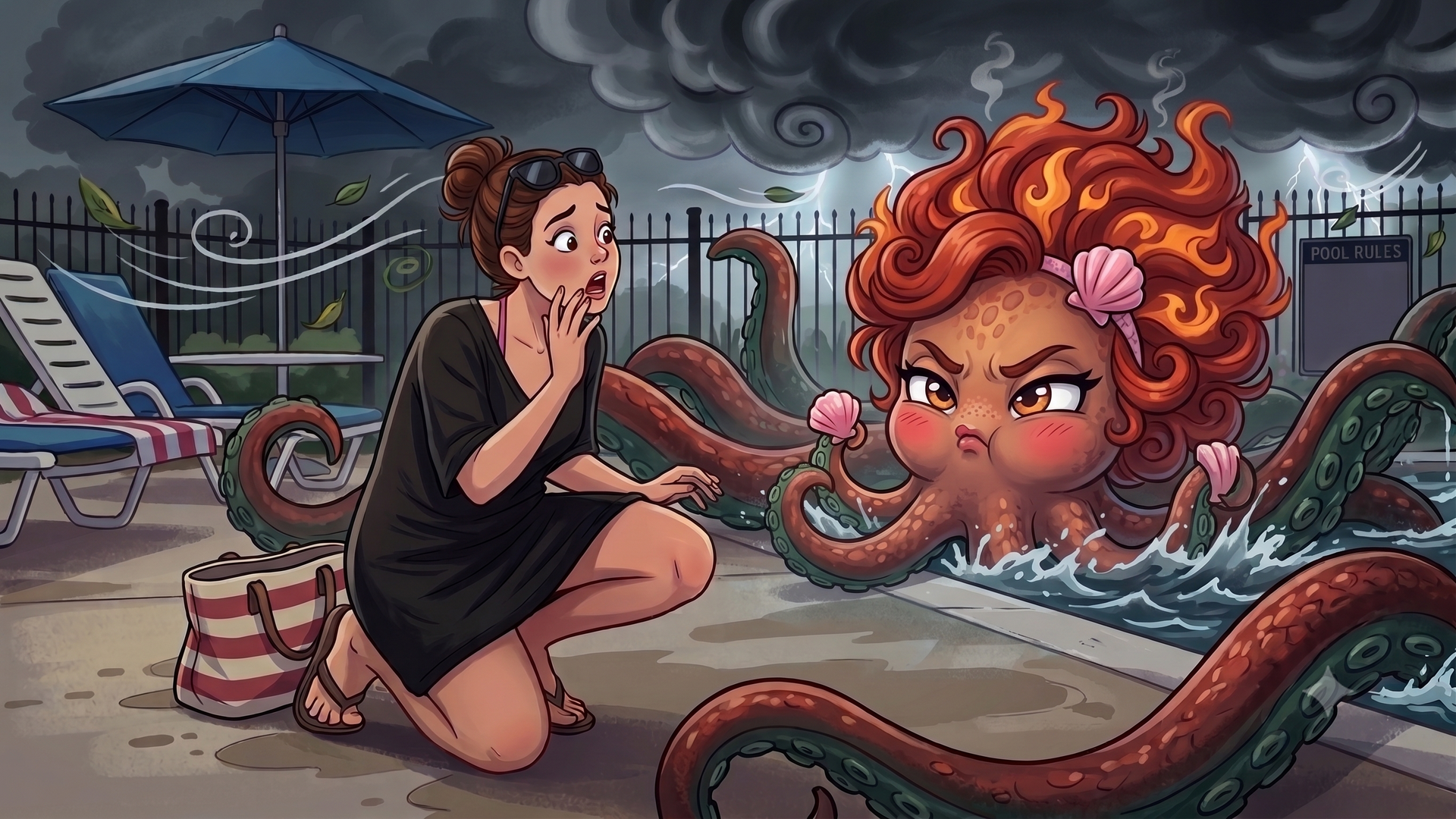 Woman kneels by pool facing giant octopus, with stormy sky and tentacles in water; beach lounge chairs nearby