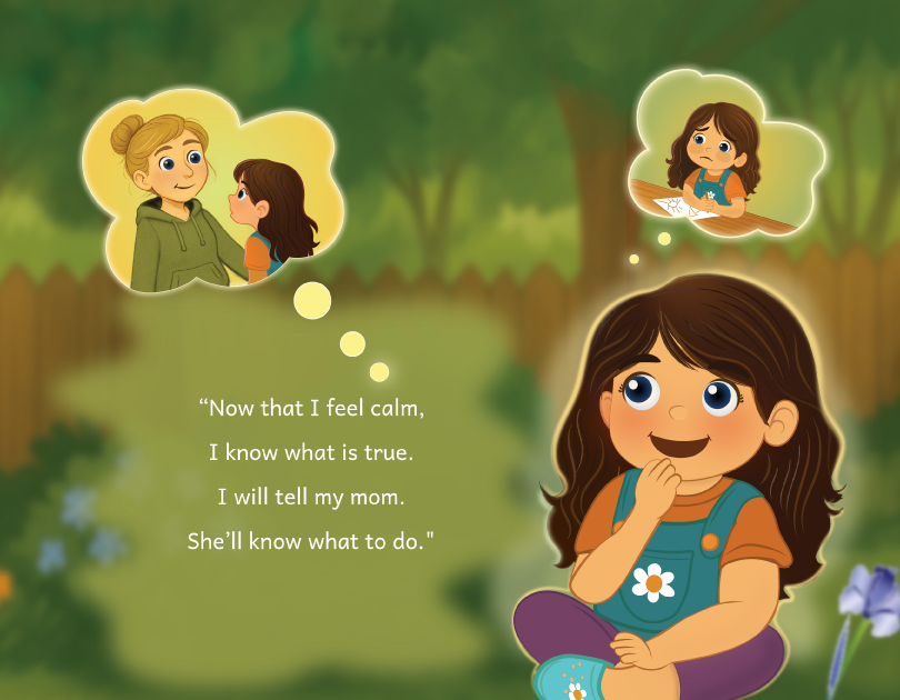 Girl sits in grass with thought bubbles about calming down and telling her mom she knows what to do.